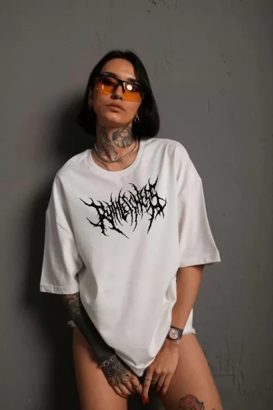 Unisex Bisiklet Yaka Baskılı Oversize T-Shirt - Beyaz - 2