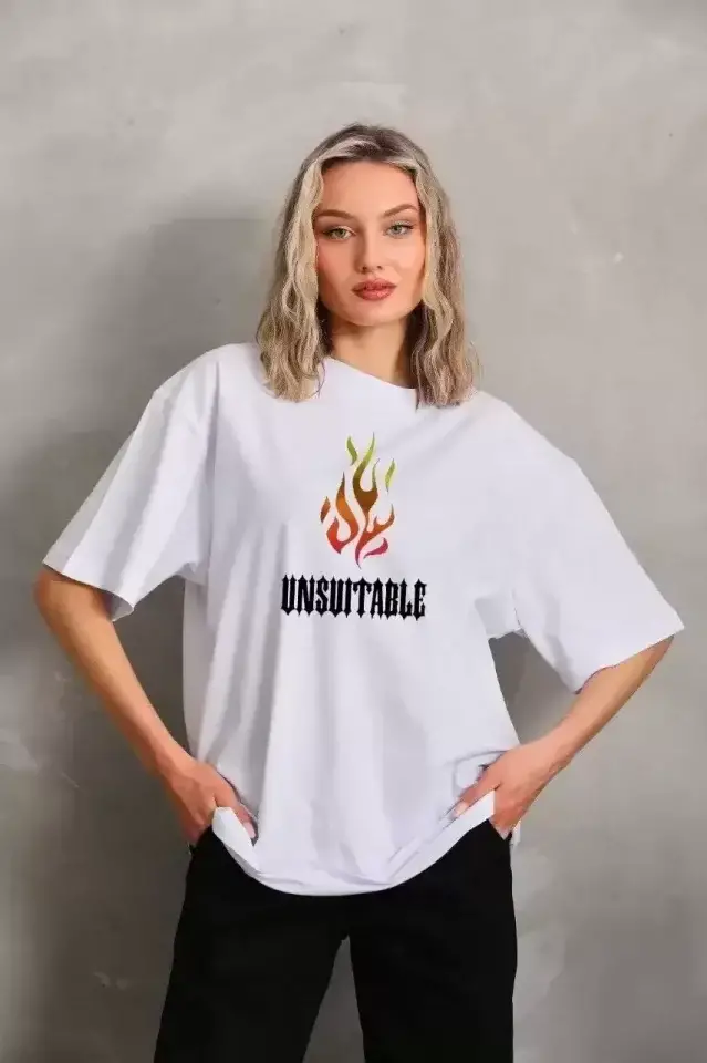 Unisex Bisiklet Yaka Baskılı Oversize T-Shirt - Beyaz - 1