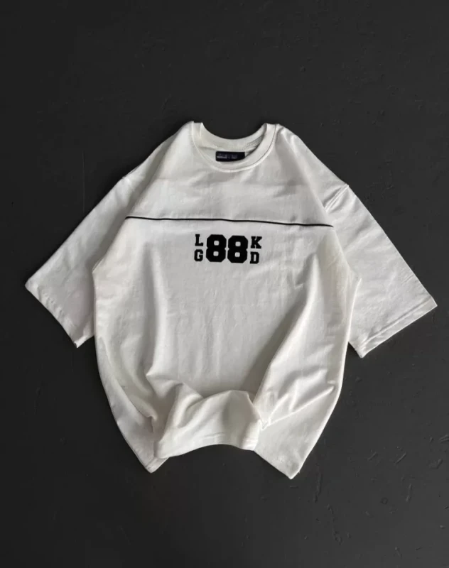 Unisex Bisiklet Yaka Baskılı Oversize T-Shirt - Beyaz - 1