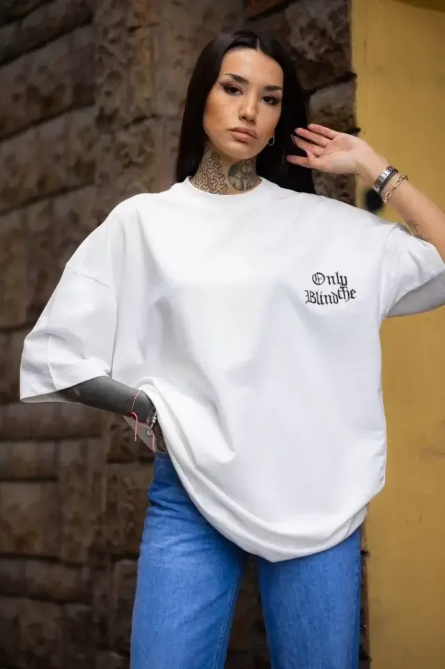 Unisex Bisiklet Yaka Baskılı Oversize T-Shirt - Beyaz - 1