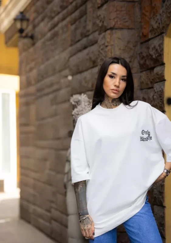 Unisex Bisiklet Yaka Baskılı Oversize T-Shirt - Beyaz - 2