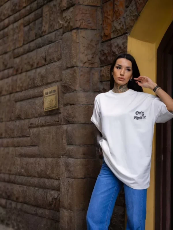 Unisex Bisiklet Yaka Baskılı Oversize T-Shirt - Beyaz - 4