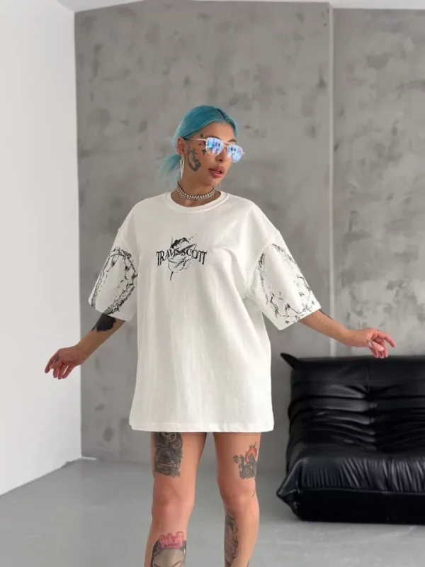 Unisex Bisiklet Yaka Baskılı Oversize T-Shirt - Beyaz - 1