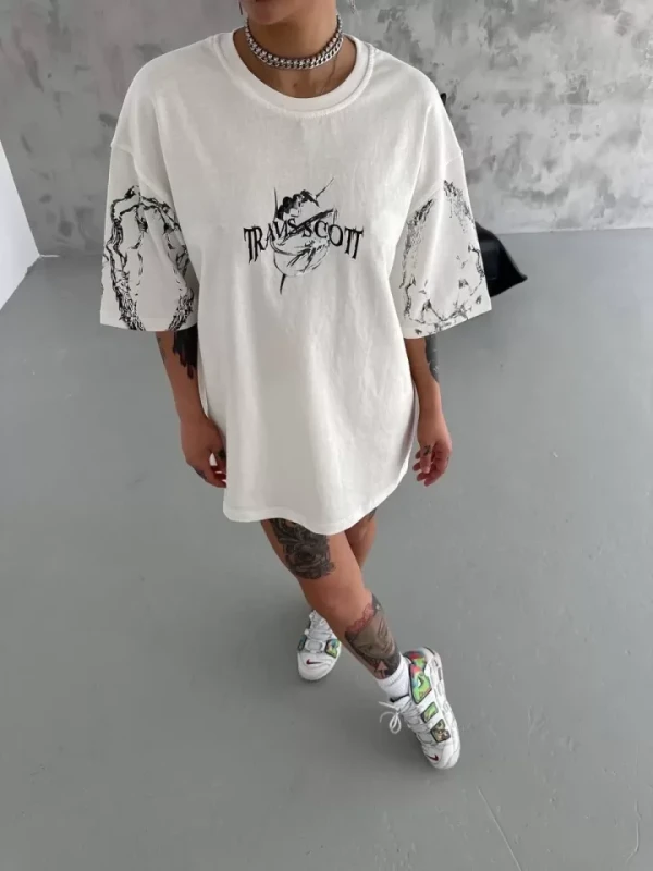 Unisex Bisiklet Yaka Baskılı Oversize T-Shirt - Beyaz - 2