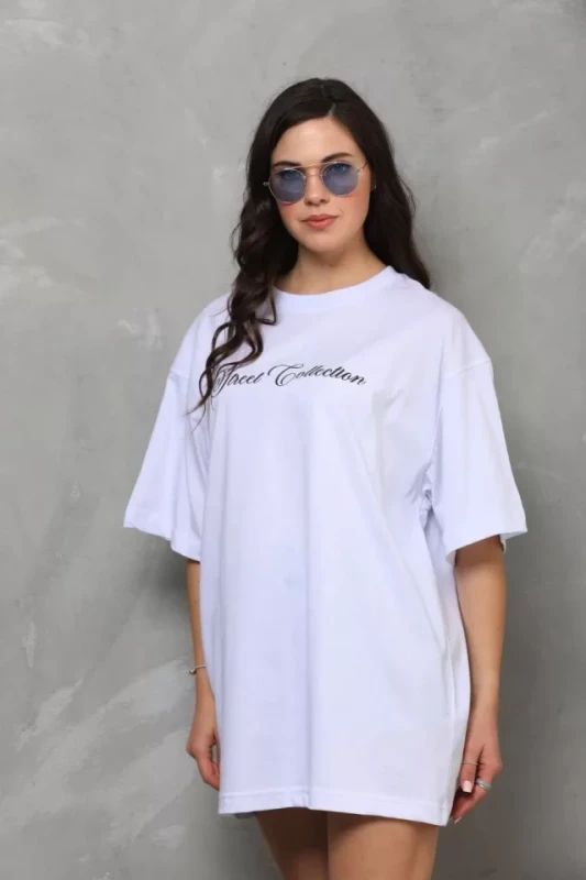 Unisex Bisiklet Yaka Baskılı Oversize T-Shirt - Beyaz - 1