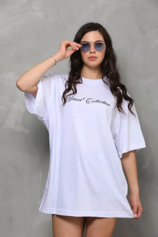 Unisex Bisiklet Yaka Baskılı Oversize T-Shirt - Beyaz - 2