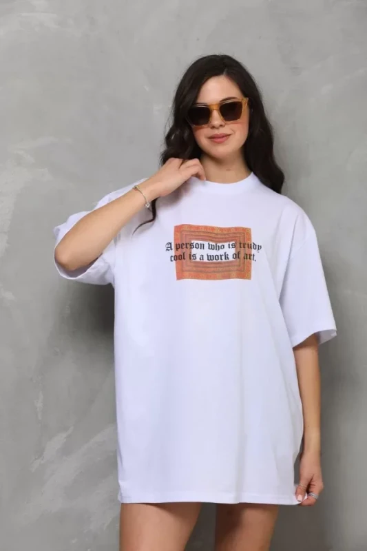 Unisex Bisiklet Yaka Baskılı Oversize T-Shirt - Beyaz - 1