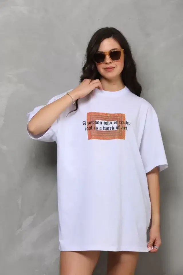 Unisex Bisiklet Yaka Baskılı Oversize T-Shirt - Beyaz - 1