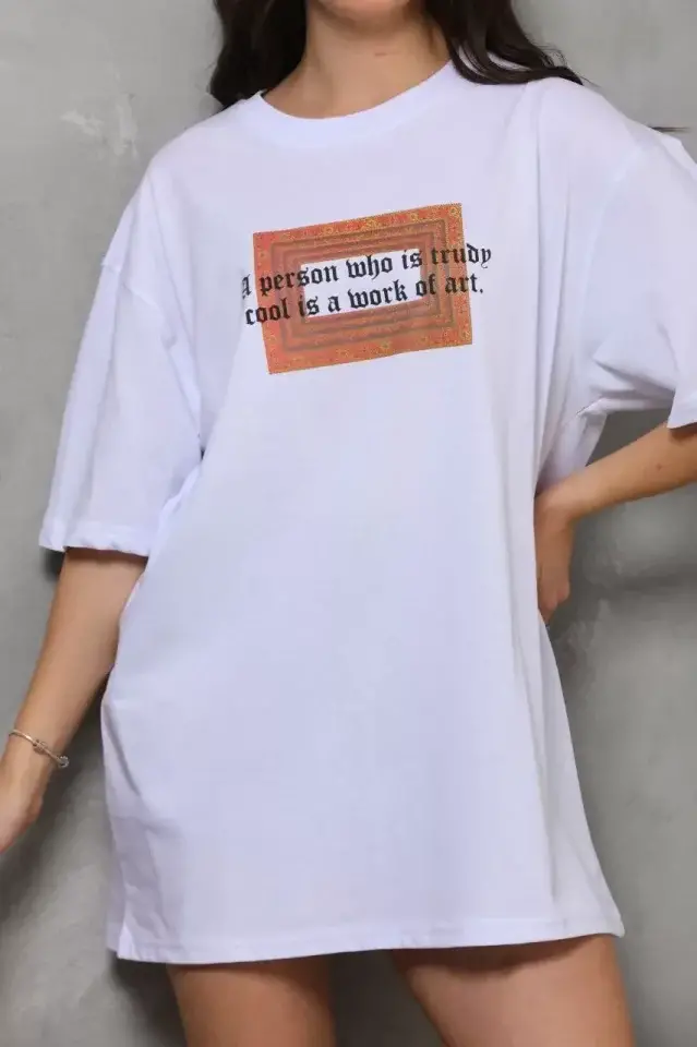 Unisex Bisiklet Yaka Baskılı Oversize T-Shirt - Beyaz - 2