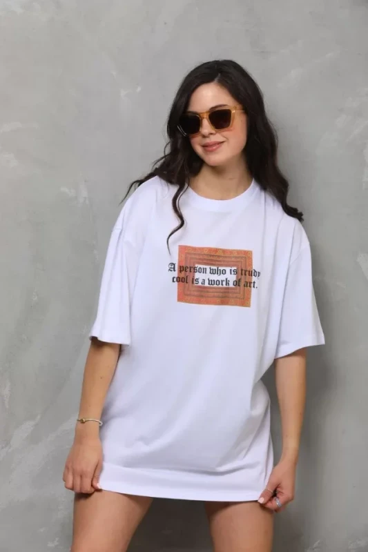 Unisex Bisiklet Yaka Baskılı Oversize T-Shirt - Beyaz - 3