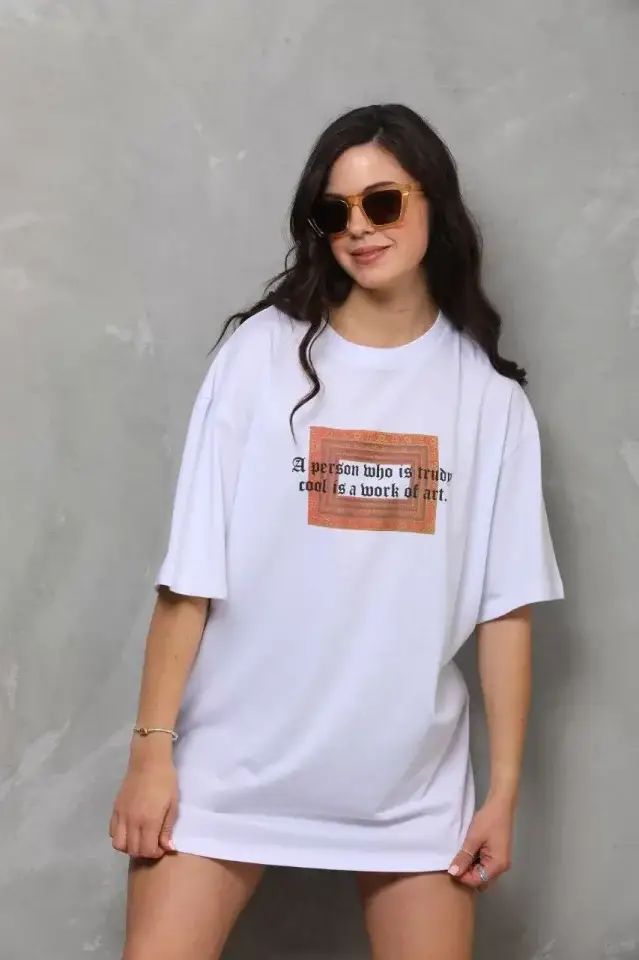 Unisex Bisiklet Yaka Baskılı Oversize T-Shirt - Beyaz - 3