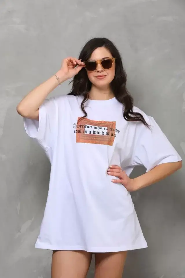 Unisex Bisiklet Yaka Baskılı Oversize T-Shirt - Beyaz - 4