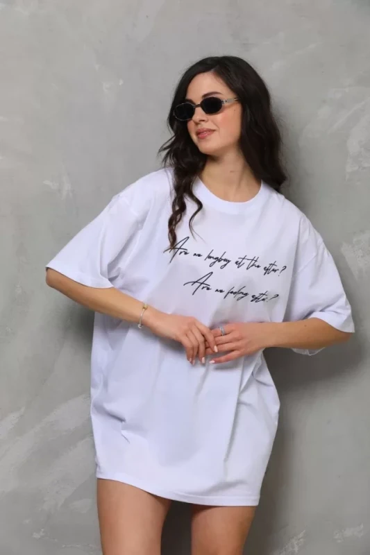 Unisex Bisiklet Yaka Baskılı Oversize T-Shirt - Beyaz - 2