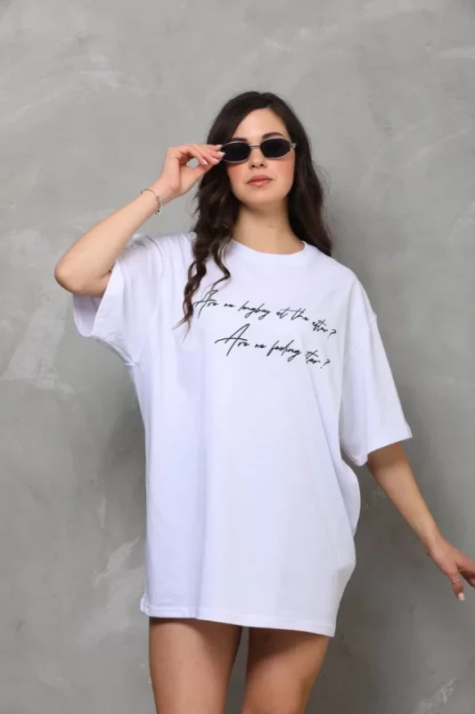 Unisex Bisiklet Yaka Baskılı Oversize T-Shirt - Beyaz - 3