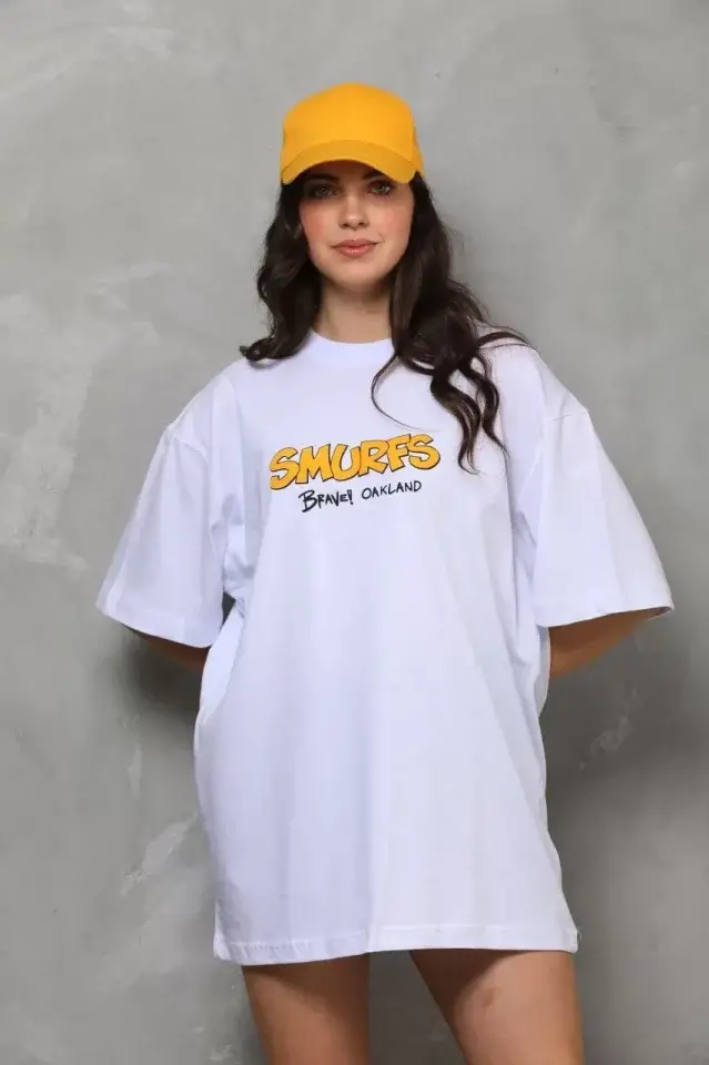 Unisex Bisiklet Yaka Baskılı Oversize T-Shirt - Beyaz - 1