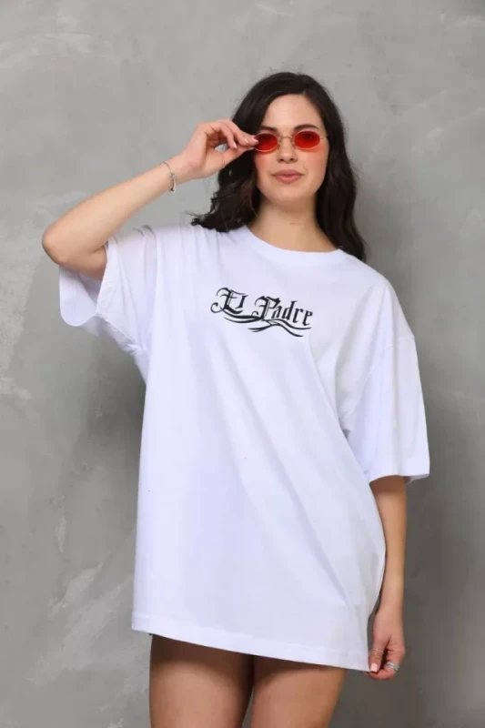 Unisex Bisiklet Yaka Baskılı Oversize T-Shirt - Beyaz - 1