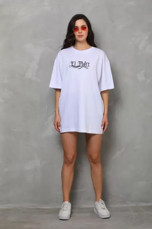 Unisex Bisiklet Yaka Baskılı Oversize T-Shirt - Beyaz - 4