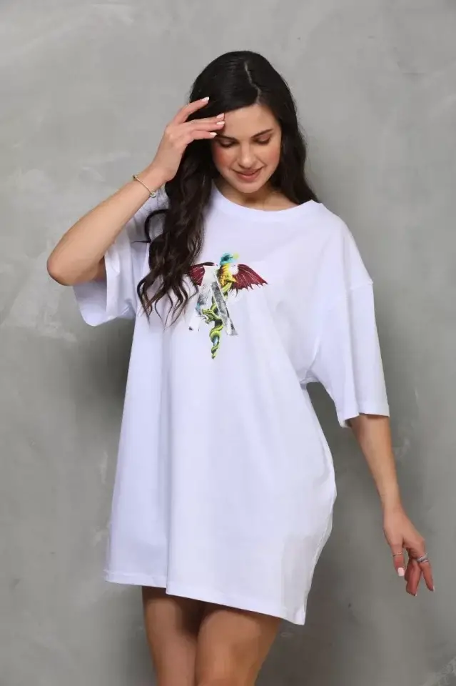 Unisex Bisiklet Yaka Baskılı Oversize T-Shirt - Beyaz - 1