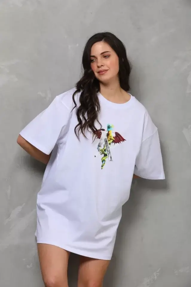 Unisex Bisiklet Yaka Baskılı Oversize T-Shirt - Beyaz - 2