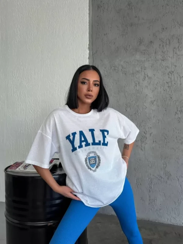 Unisex Bisiklet Yaka Baskılı Oversize T-Shirt - Beyaz - 1