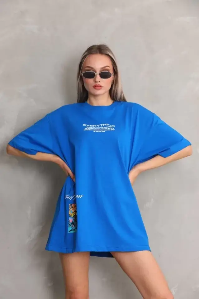 Unisex Bisiklet Yaka Baskılı Oversize T-Shirt - Mavi - 3