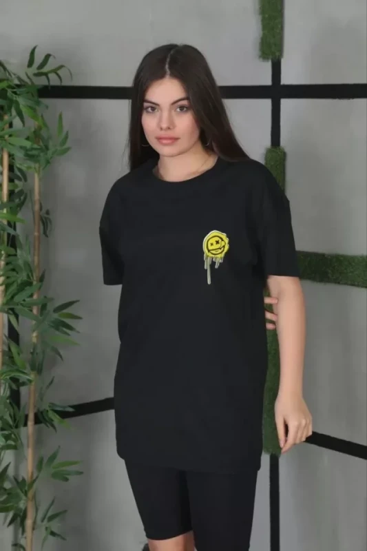 Unisex Bisiklet Yaka Baskılı Oversize T-Shirt - Siyah - 1