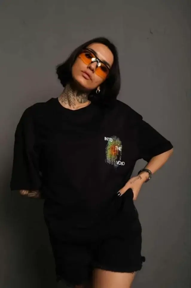 Unisex Bisiklet Yaka Baskılı Oversize T-Shirt - Siyah - 1