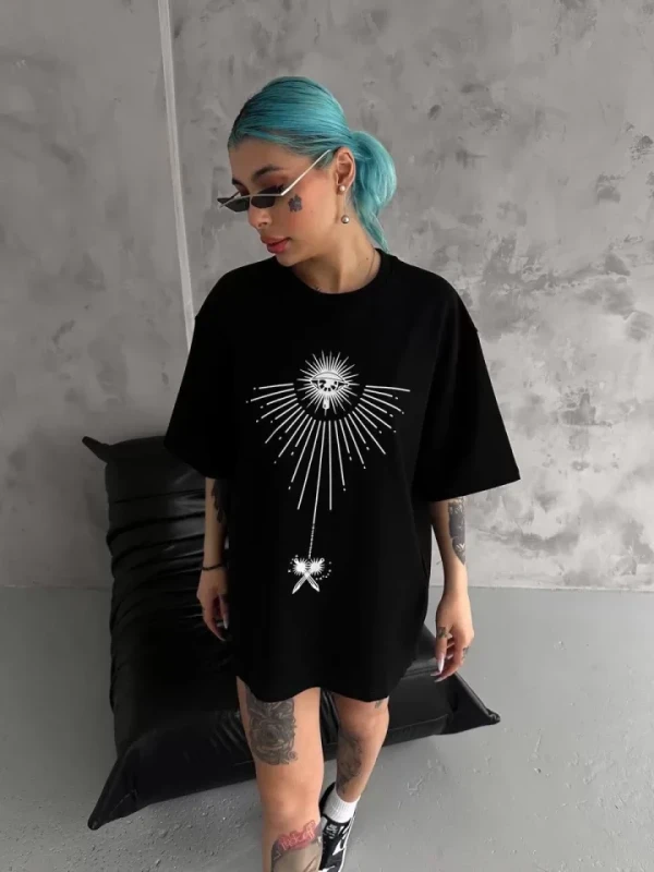 Unisex Bisiklet Yaka Baskılı Oversize T-Shirt - Siyah - 3