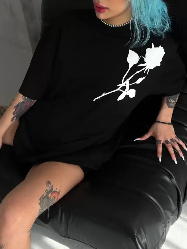 Unisex Bisiklet Yaka Baskılı Oversize T-Shirt - Siyah - 1