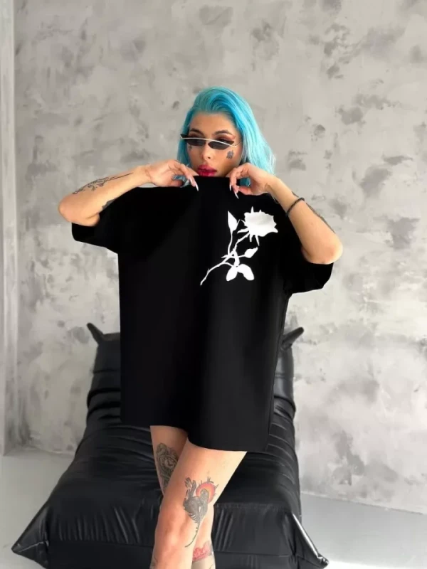 Unisex Bisiklet Yaka Baskılı Oversize T-Shirt - Siyah - 2