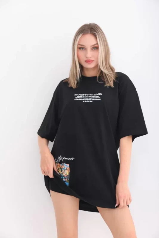 Unisex Bisiklet Yaka Baskılı Oversize T-Shirt - Siyah - 1