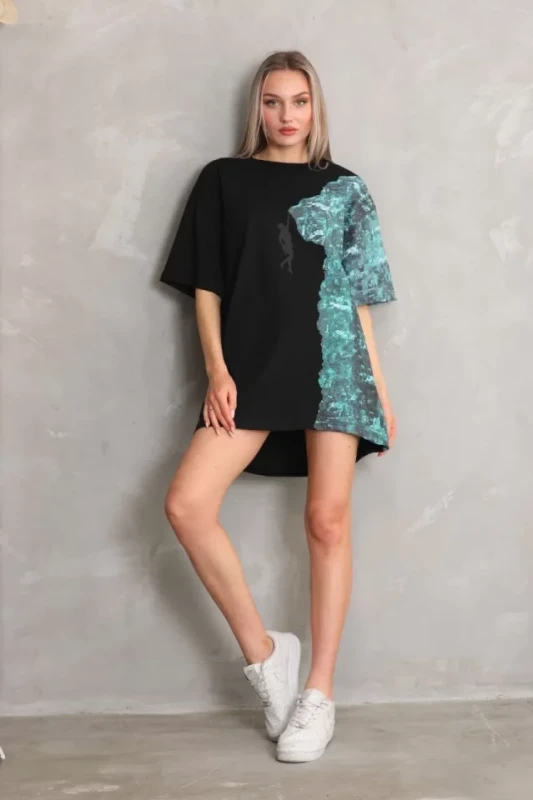 Unisex Bisiklet Yaka Baskılı Oversize T-Shirt - Siyah - 1