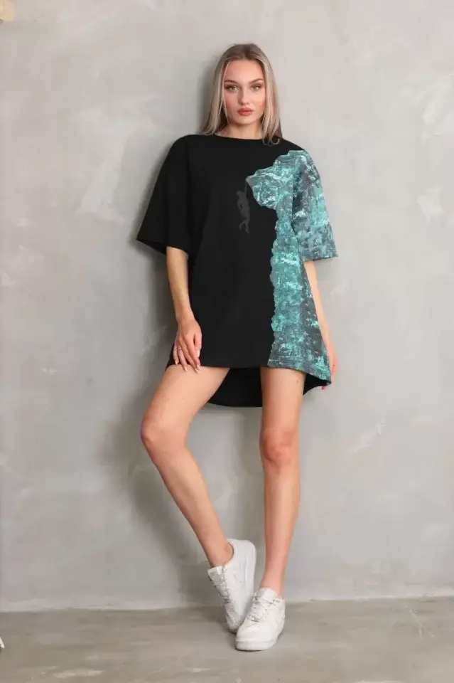 Unisex Bisiklet Yaka Baskılı Oversize T-Shirt - Siyah - 1