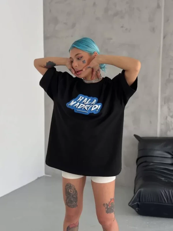 Unisex Bisiklet Yaka Baskılı Oversize T-Shirt - Siyah - 1