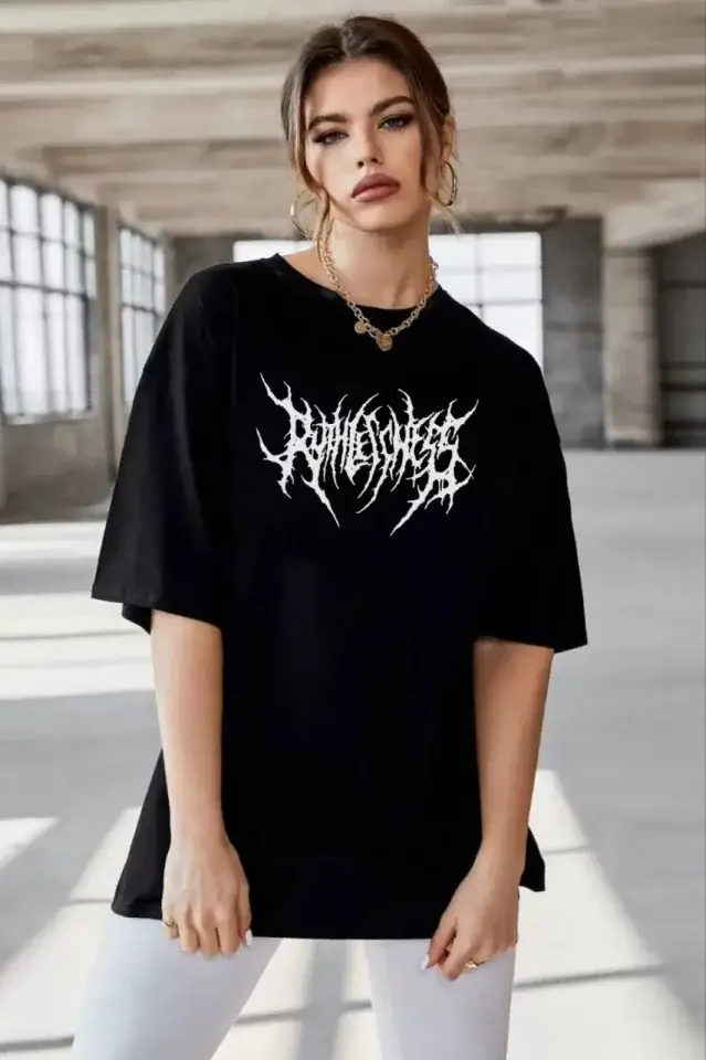 Unisex Bisiklet Yaka Baskılı Oversize T-Shirt - Siyah - 1