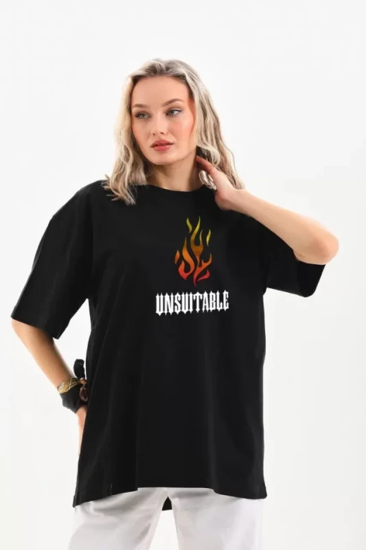 Unisex Bisiklet Yaka Baskılı Oversize T-Shirt - Siyah - 1