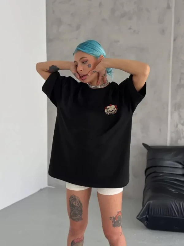 Unisex Bisiklet Yaka Baskılı Oversize T-Shirt - Siyah - 1