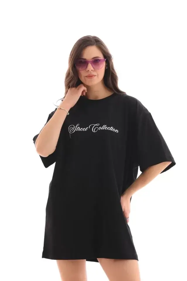 Unisex Bisiklet Yaka Baskılı Oversize T-Shirt - Siyah - 1