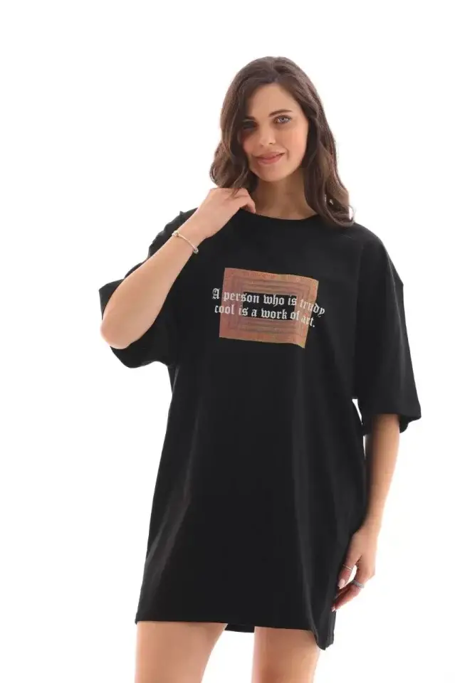 Unisex Bisiklet Yaka Baskılı Oversize T-Shirt - Siyah - 1