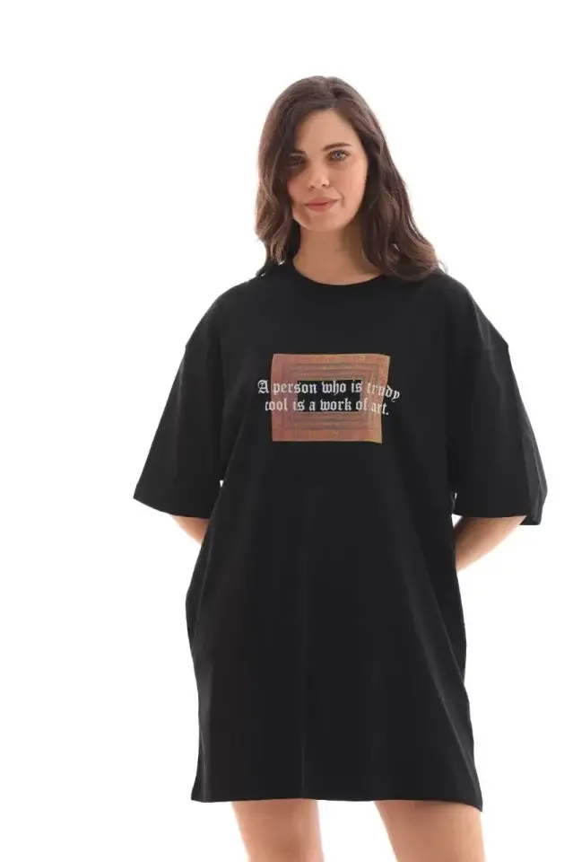 Unisex Bisiklet Yaka Baskılı Oversize T-Shirt - Siyah - 4