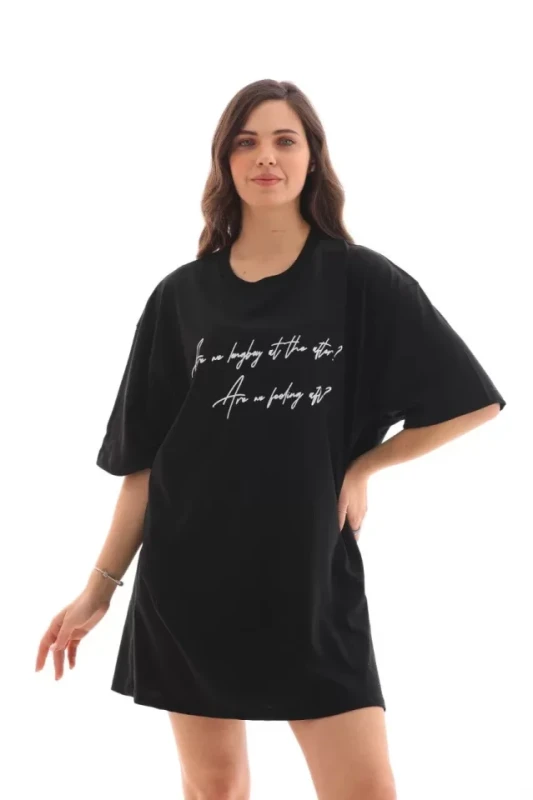 Unisex Bisiklet Yaka Baskılı Oversize T-Shirt - Siyah - 1