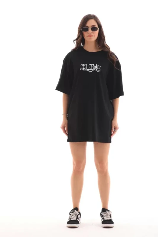 Unisex Bisiklet Yaka Baskılı Oversize T-Shirt - Siyah - 1