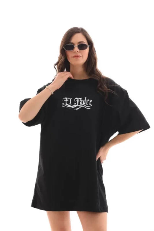 Unisex Bisiklet Yaka Baskılı Oversize T-Shirt - Siyah - 3