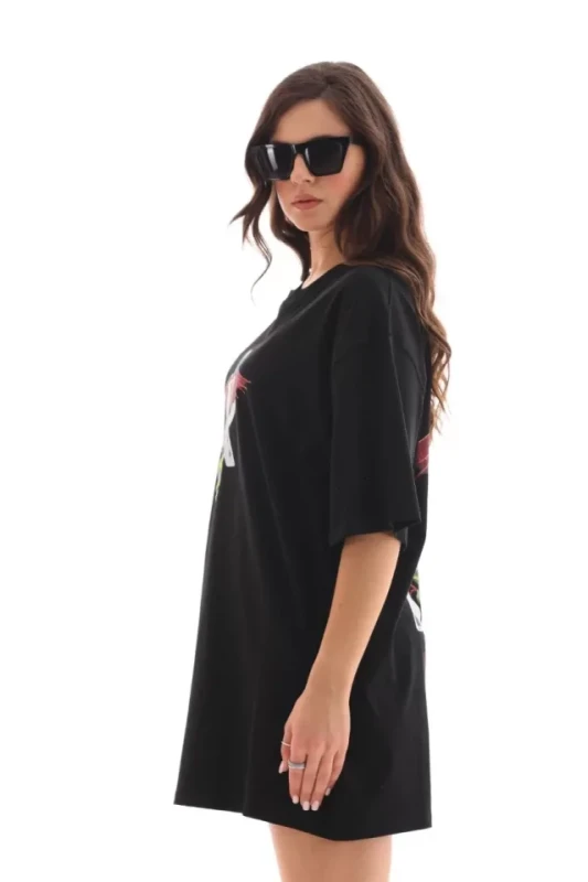 Unisex Bisiklet Yaka Baskılı Oversize T-Shirt - Siyah - 2