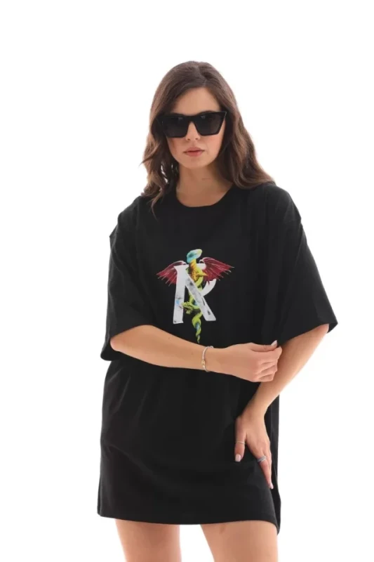 Unisex Bisiklet Yaka Baskılı Oversize T-Shirt - Siyah - 3