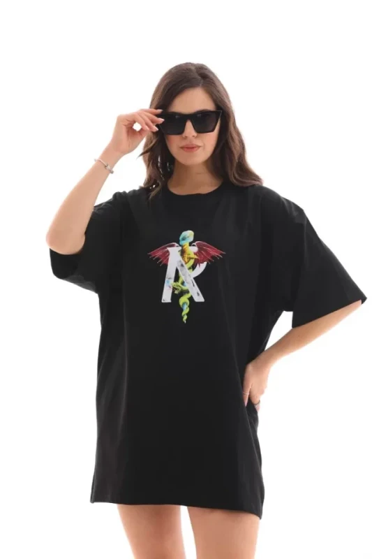 Unisex Bisiklet Yaka Baskılı Oversize T-Shirt - Siyah - 4