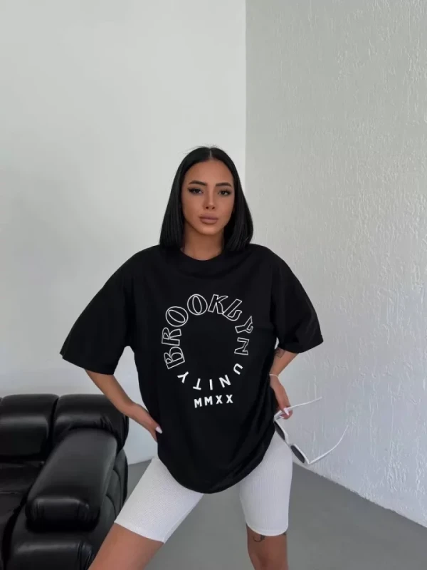 Unisex Bisiklet Yaka Baskılı Oversize T-Shirt - Siyah - 3