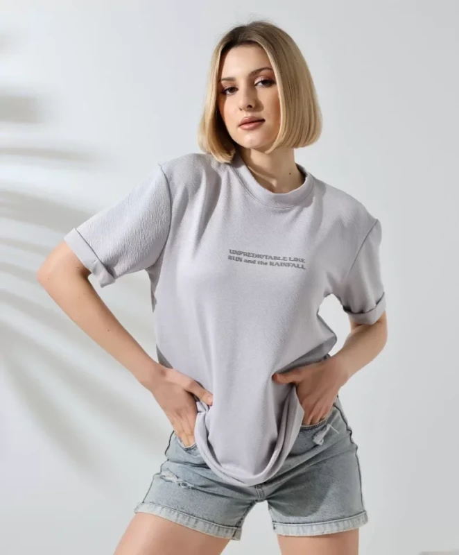 Unisex Bisiklet Yaka Baskılı Slim Fit T-Shirt - Boyalı Gri - 2