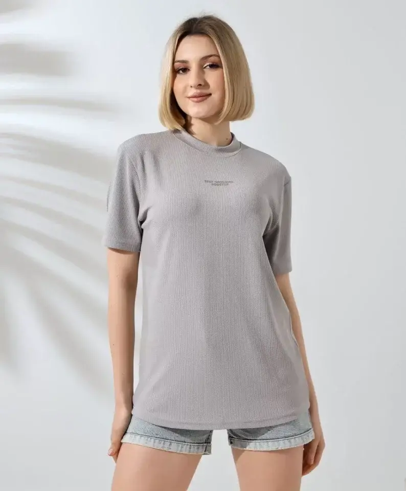 Unisex Bisiklet Yaka Baskılı Slim Fit T-Shirt - Boyalı Gri - 1