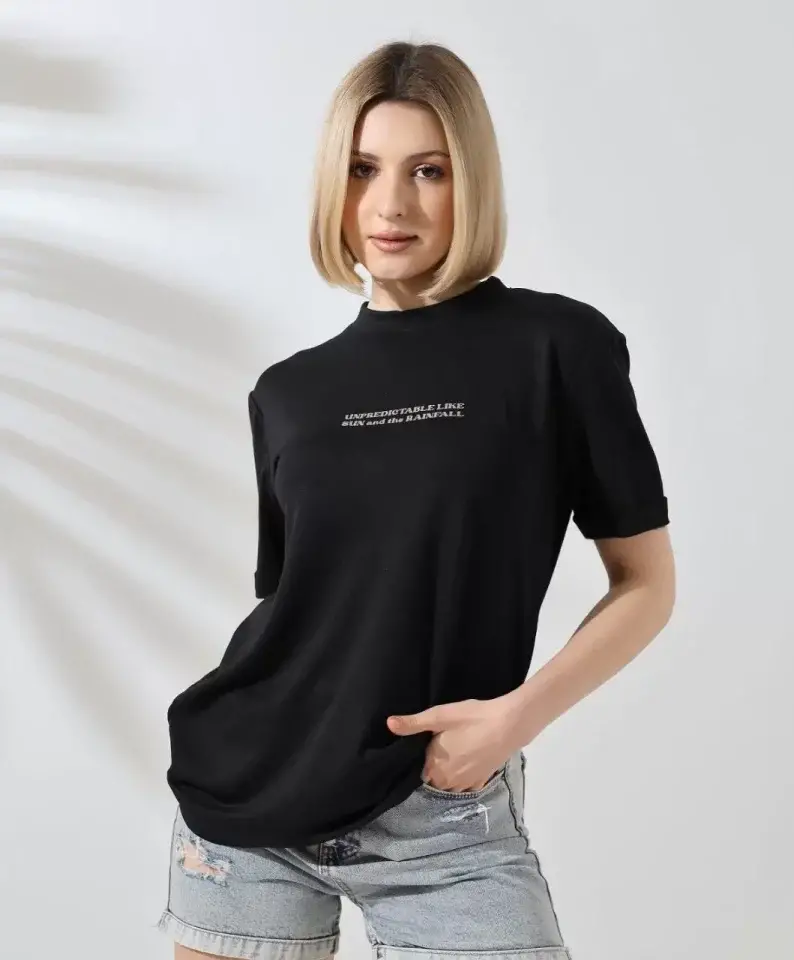 Unisex Bisiklet Yaka Baskılı Slim Fit T-Shirt - Siyah - 2